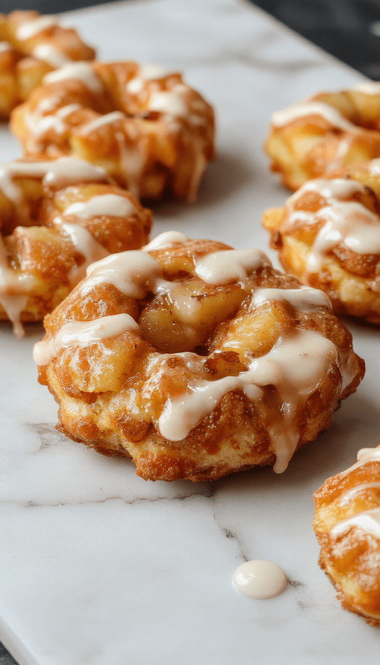 Golden brown baked apple fritters topped with a shiny, translucent glaze, arranged on a rustic white plate with powdered sugar dusting, garnished with apple slices and cinnamon sticks, with a warm, cozy kitchen background.