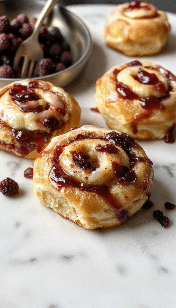 Golden-brown buns with a glossy, sugar-dusted surface, swirling with vibrant red currant jam and creamy cheese filling visible through folds, arranged artfully on a rustic wooden tray with fresh herbs and a soft-focus background.