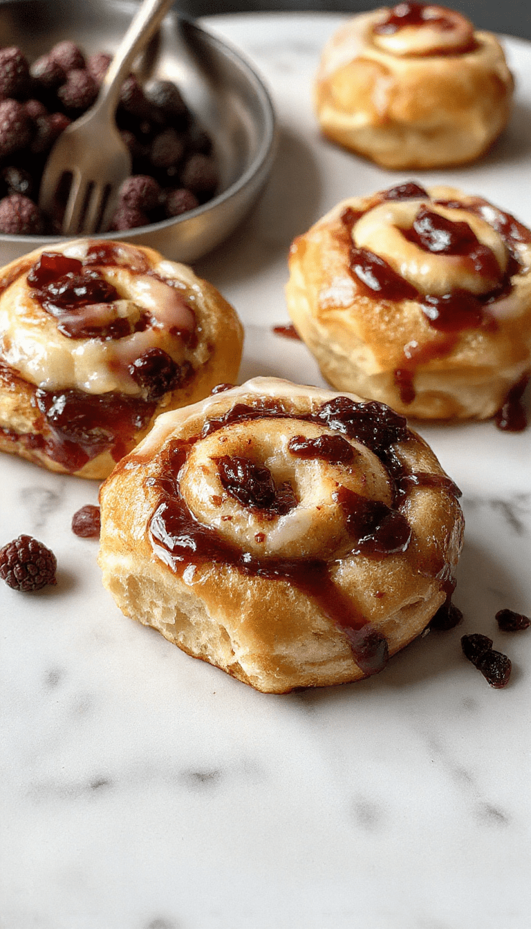 Golden-brown buns with a glossy, sugar-dusted surface, swirling with vibrant red currant jam and creamy cheese filling visible through folds, arranged artfully on a rustic wooden tray with fresh herbs and a soft-focus background.
