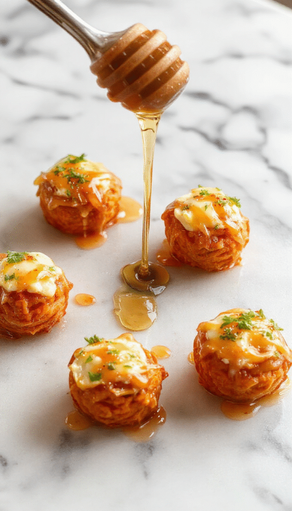 Colorful roasted sweet potato rounds topped with crumbled feta cheese and a honey drizzle, presented on a rustic wooden platter with fresh herbs, showcasing a vibrant mix of orange, white, and golden hues with a textured crispy surface