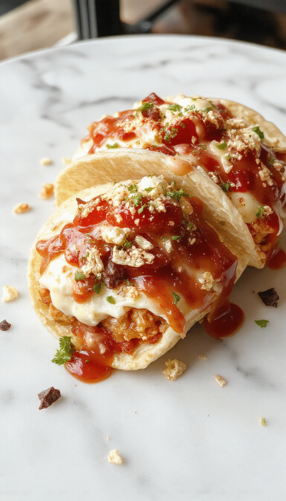 Colorful strawberry crunch cheesecake tacos plated on a white ceramic dish topped with fresh strawberries, crumbled graham crackers, and drizzled with chocolate syrup, with a light dusting of powdered sugar. The vibrant red strawberries contrast with creamy cheesecake filling and crispy taco shells, styled with mint leaves for a fresh look.