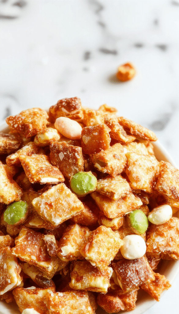 A vibrant close-up of a homemade toffee Chex mix displayed in a rustic bowl, showcasing golden-brown crunchy cereal coated with glossy caramel toffee, sprinkled with chopped nuts and sea salt crystals, styled on a wooden surface with a few scattered pieces for a tempting visual.