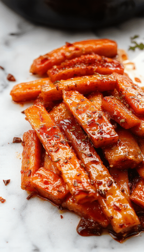 A vibrant dish featuring tender orange carrots coated in a glossy maple and brown sugar glaze, arranged elegantly on a rustic white plate with fresh herbs garnishing, set against a warm, blurred kitchen background.