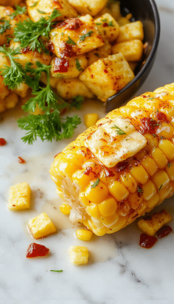 A vibrant image of golden yellow skillet corn topped with creamy honey butter and fresh herbs, styled simply on a rustic wooden table with a touch of greenery.