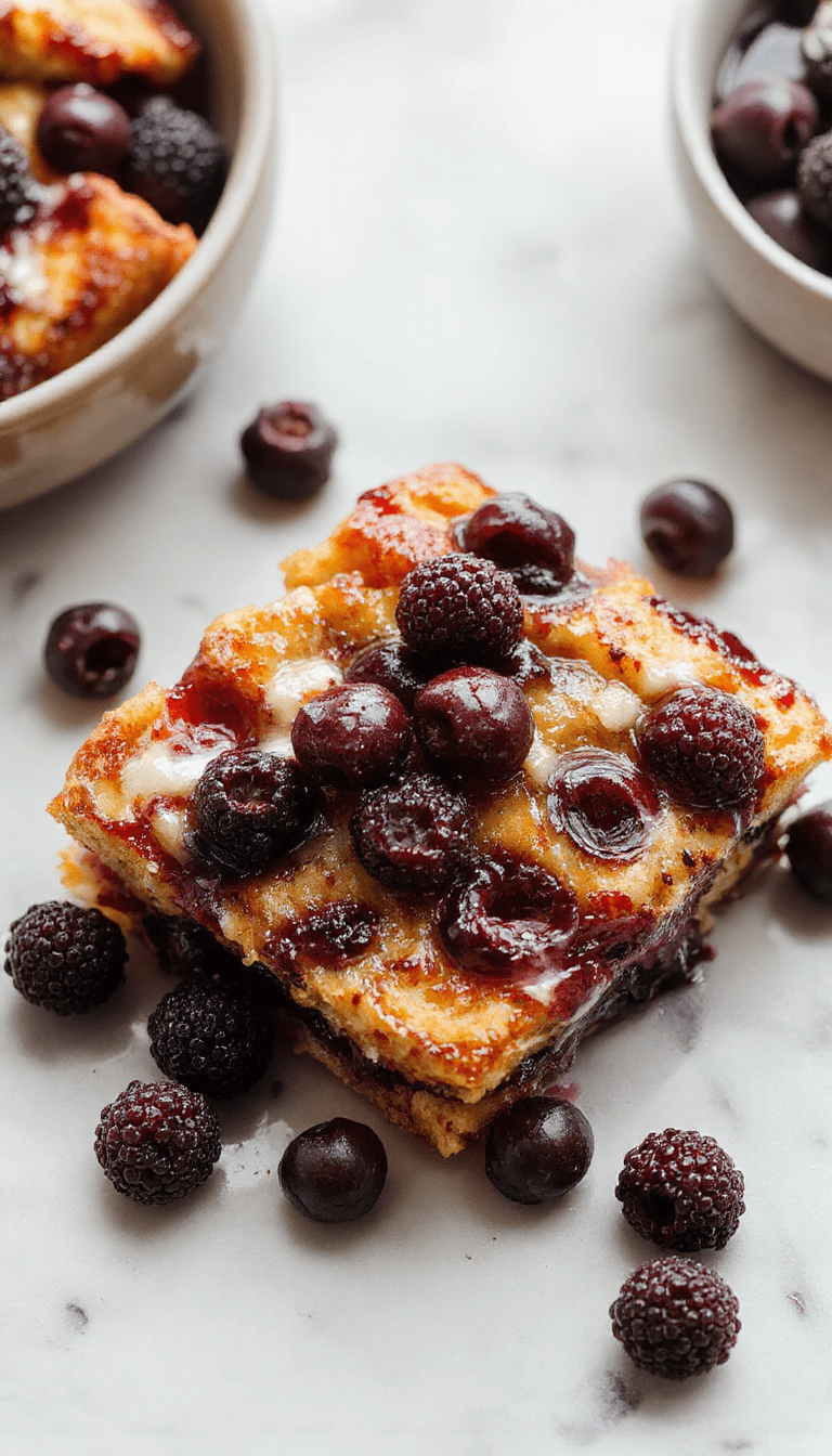 A close-up of a golden-brown blueberry French toast casserole sliced on a white plate, topped with fresh blueberries and powdered sugar, with a syrup drizzle, styled on a rustic wooden table with a sprig of mint for garnish.