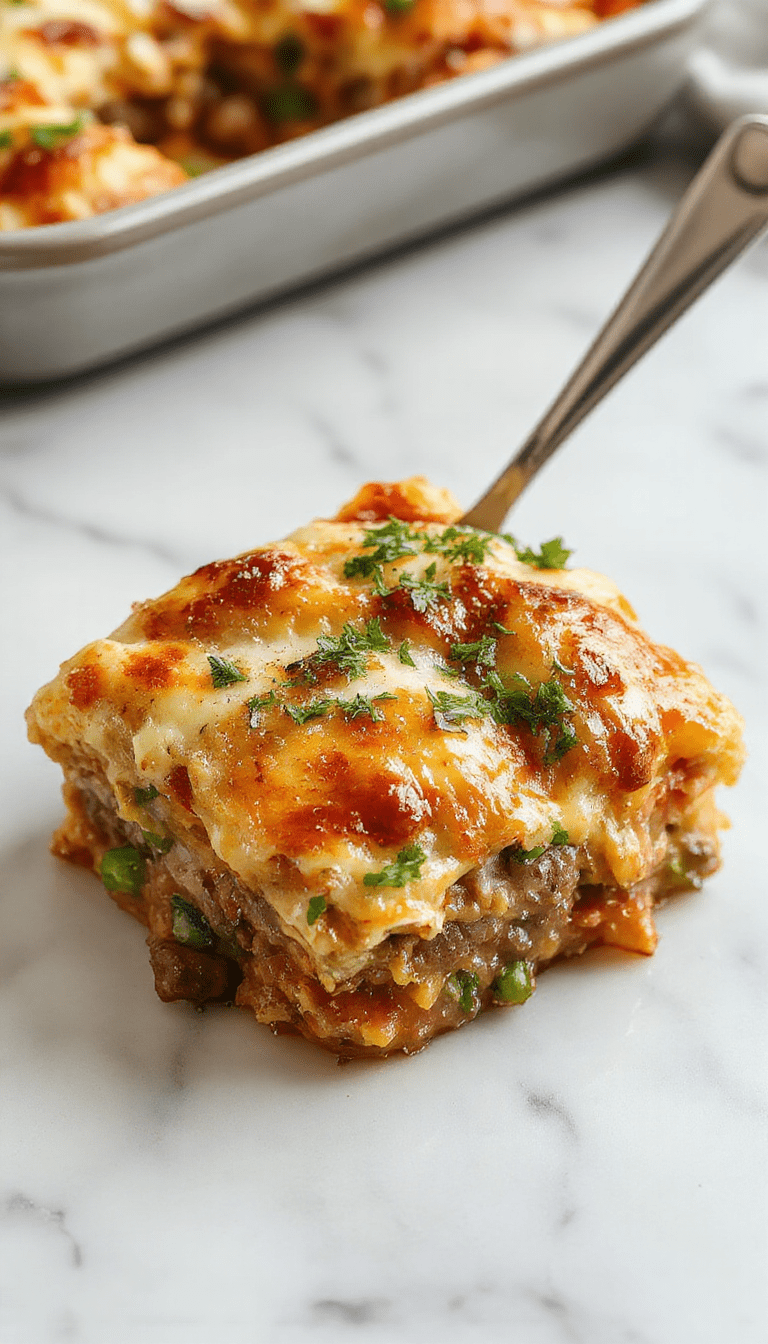 Colorful breakfast casserole featuring golden-brown sausage, fluffy scrambled eggs, melted cheese, and hints of green herbs, presented in a rustic oven dish styled with sprigs of fresh herbs and served with crispy toast on a wooden table.