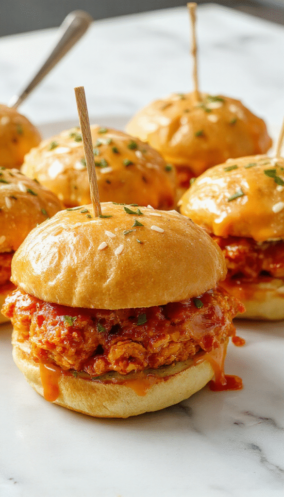 Colorful buffalo chicken sliders arranged on a rustic wooden platter, topped with shredded lettuce and drizzled with creamy ranch sauce. The sliders feature golden-brown mini buns filled with juicy, spicy buffalo chicken, garnished with fresh parsley, with a side of celery sticks and blue cheese for contrast.