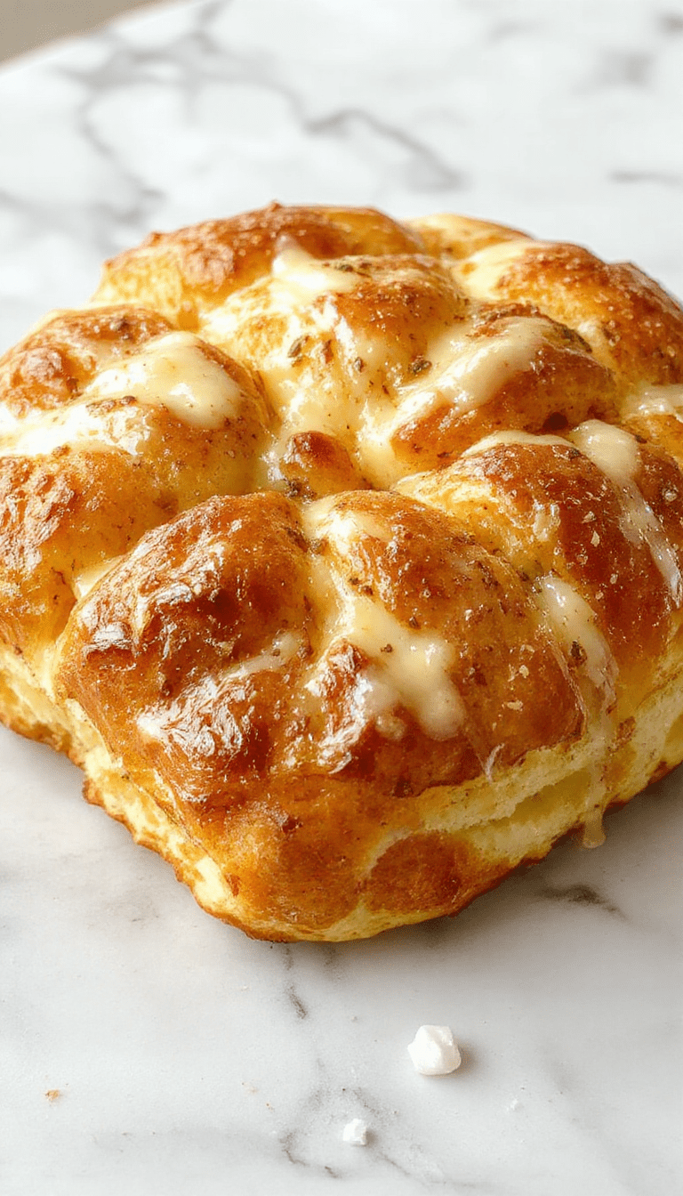 A warm, golden-brown cheesy pull apart bread sitting on a rustic wooden table, with gooey melted cheese stretching as someone pulls a piece apart, garnished with fresh herbs, crispy edges, and a soft, fluffy interior.