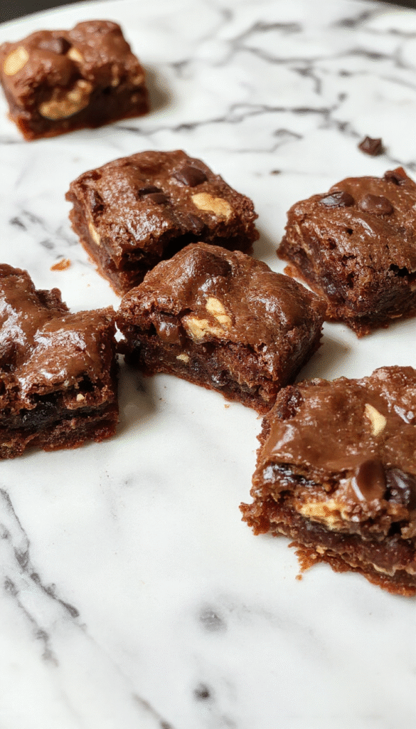 A vibrant close-up of a plate featuring a layered brownie brookies with a glossy chocolate topping, crispy edges, and a soft, chewy interior. The dessert is garnished with a dusting of powdered sugar and a drizzle of chocolate syrup, styled on a rustic wooden surface with scattered cocoa powder and a fork for an inviting presentation.