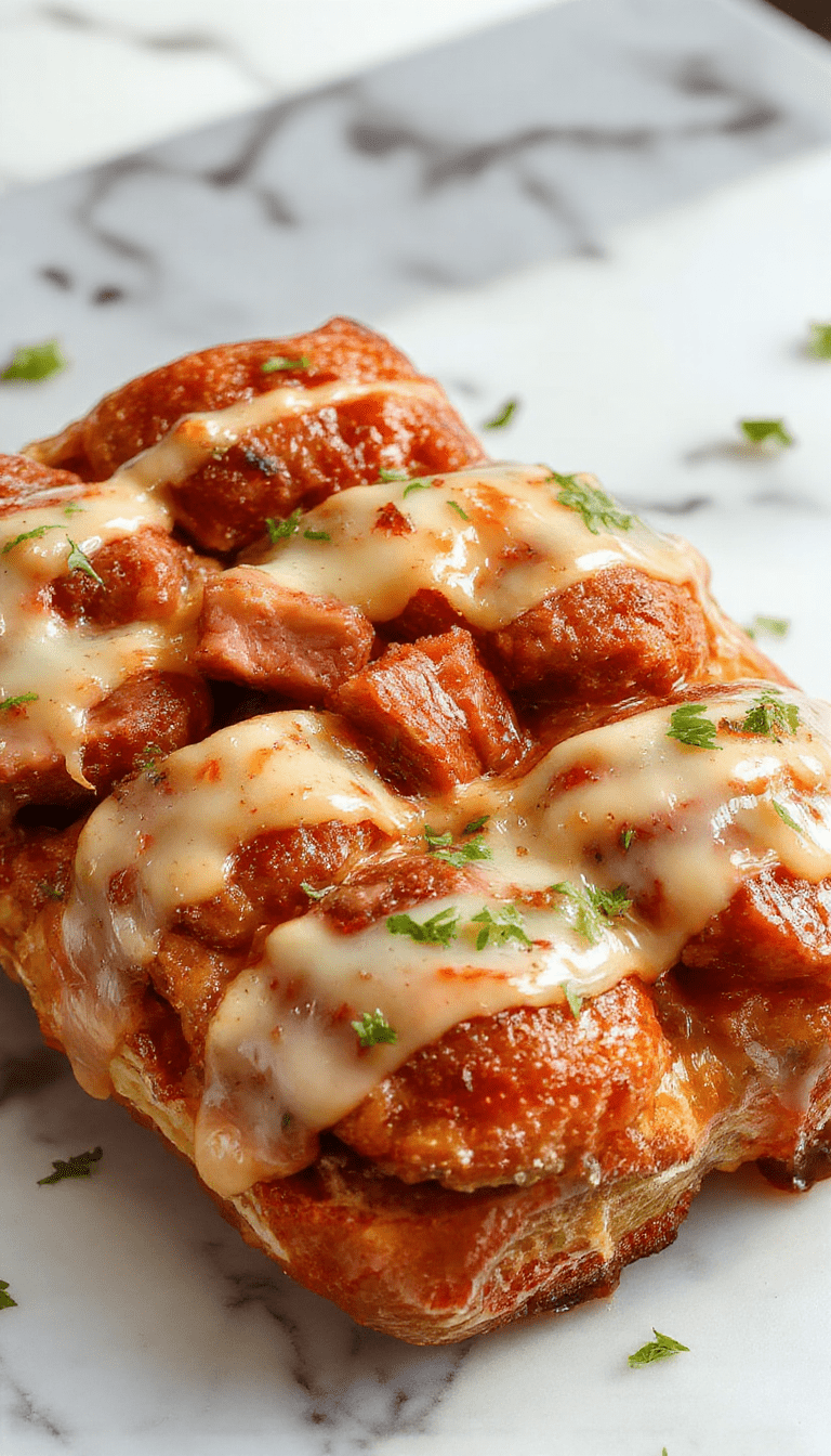 Golden-brown pigs in a blanket arranged on a white platter, crispy puff pastry wrapped around juicy sausages, garnished with fresh herbs, with a dipping sauce on the side, styled for an inviting presentation