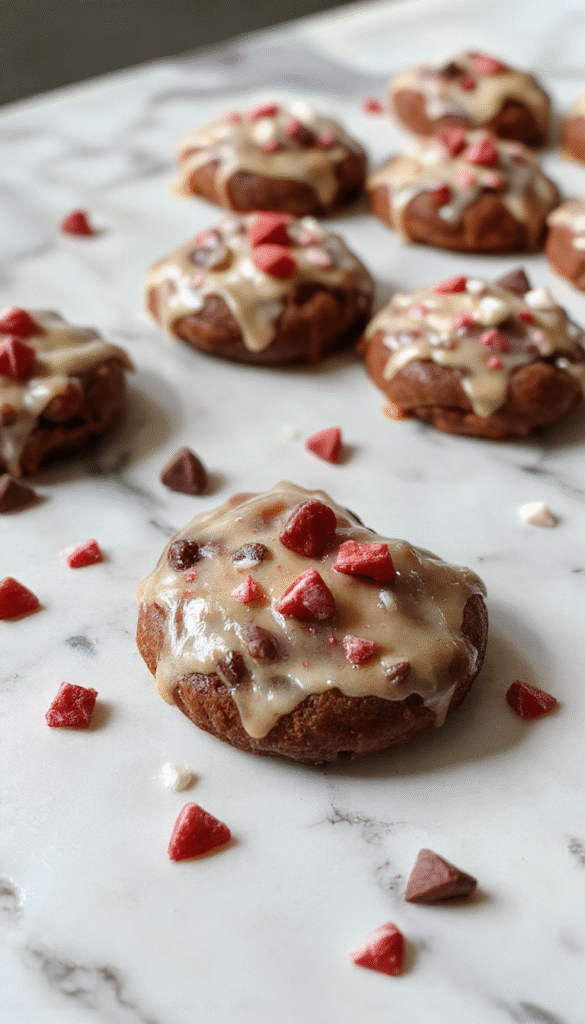 A close-up of beautifully decorated Valentine ganache cookies featuring glossy chocolate ganache, vibrant pink and red heart-shaped sprinkles, elegant white icing accents, on a rustic wooden platter with soft pink background, emphasizing rich textures and festive styling.