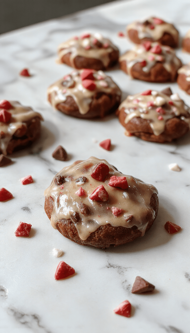 A close-up of beautifully decorated Valentine ganache cookies featuring glossy chocolate ganache, vibrant pink and red heart-shaped sprinkles, elegant white icing accents, on a rustic wooden platter with soft pink background, emphasizing rich textures and festive styling.