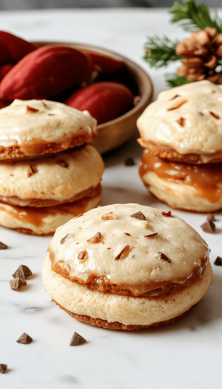 A close-up of the apple cider whoopie pies showcasing their golden-brown exterior with swirls of creamy filling inside, set on a rustic wooden plate, surrounded by fresh apple slices and cinnamon sticks, with a soft-focus background that highlights warm autumnal colors and textured surfaces.