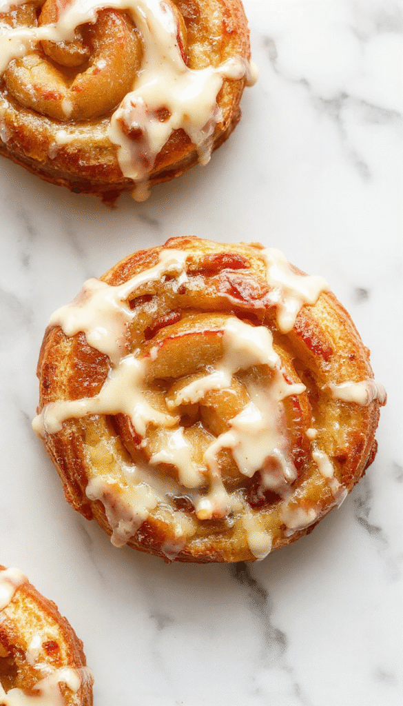 A golden-brown apple kringle pie topped with a smooth, glossy vanilla glaze, sliced to reveal tender apple filling surrounded by flaky, buttery pastry crust, styled on a rustic wooden plate with a light dusting of powdered sugar and a cinnamon stick garnish.