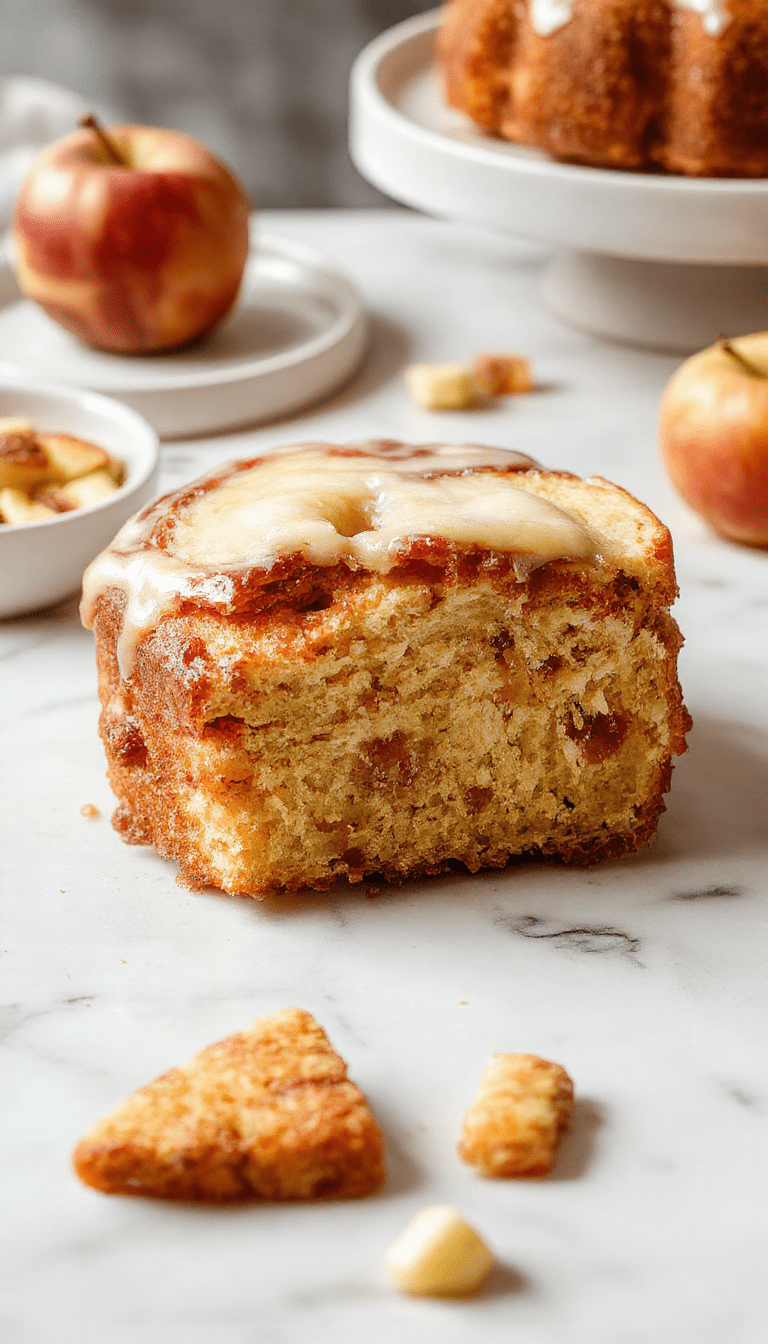 A golden-brown pound cake with a drizzle of caramel glaze sits on a rustic wooden table, surrounded by fresh sliced apples and cinnamon sticks, with a warm amber hue reflecting autumn's cozy ambiance.