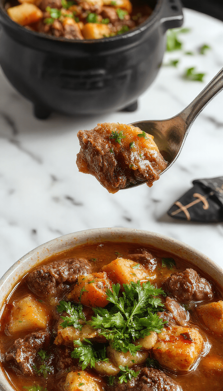 A bubbling black cauldron-style pot filled with rich beef stew topped with colorful vegetables and herbs, sitting on a rustic wooden table with smoky steam rising, surrounded by spooky decor and dim lighting.