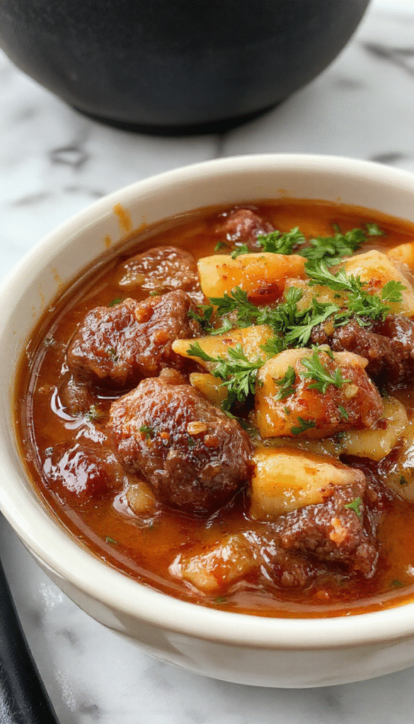 A bubbling black cauldron-style pot filled with hearty beef stew, garnished with fresh herbs, steaming hot, set on a rustic wooden table with a dark, mystical background