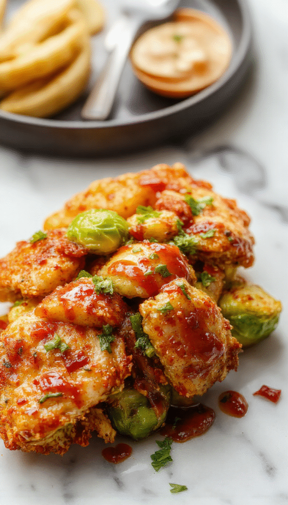 Colorful plate featuring golden-brown air fryer chicken glazed with vibrant red sweet chili sauce, garnished with sliced green onions, alongside crispy roasted Brussels sprouts with charred edges, textured surface, styled on a white ceramic plate with a sprinkle of sesame seeds.