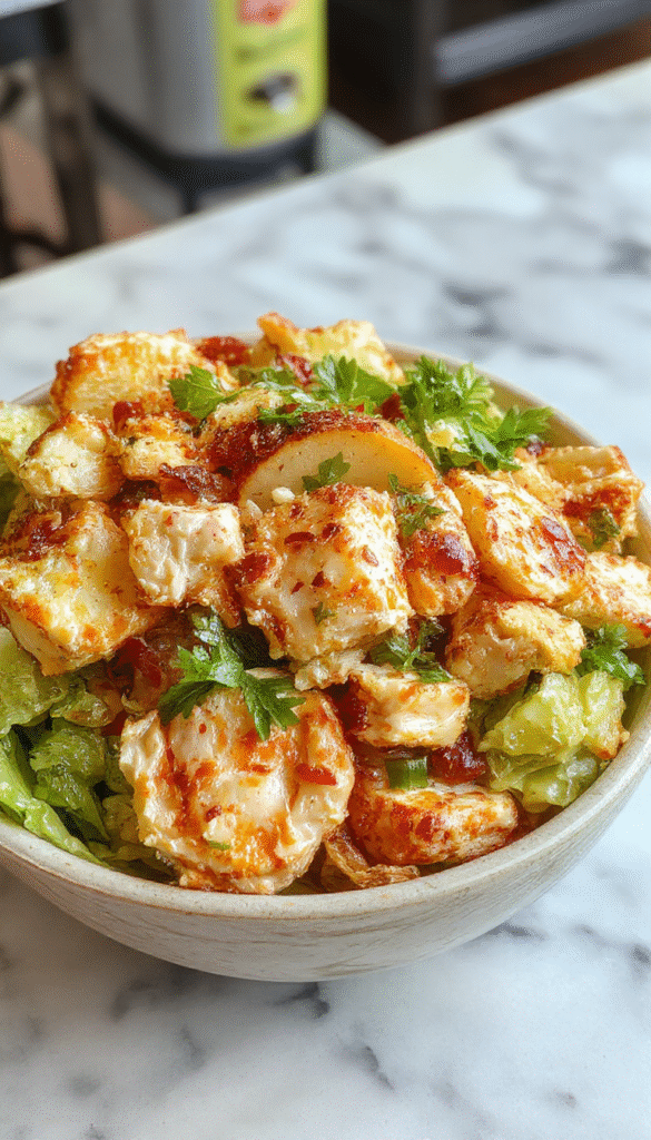 Colorful Asian Chicken Crunch Salad served in a white bowl, showcasing shredded cooked chicken, vibrant red bell peppers, crisp lettuce, crunchy fried noodles, and sprinkled sesame seeds, garnished with fresh cilantro, creating an appetizing and textured dish with bright colors and fresh ingredients.