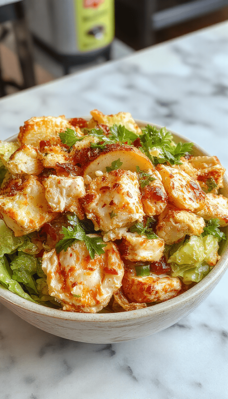Colorful Asian Chicken Crunch Salad served in a white bowl, showcasing shredded cooked chicken, vibrant red bell peppers, crisp lettuce, crunchy fried noodles, and sprinkled sesame seeds, garnished with fresh cilantro, creating an appetizing and textured dish with bright colors and fresh ingredients.