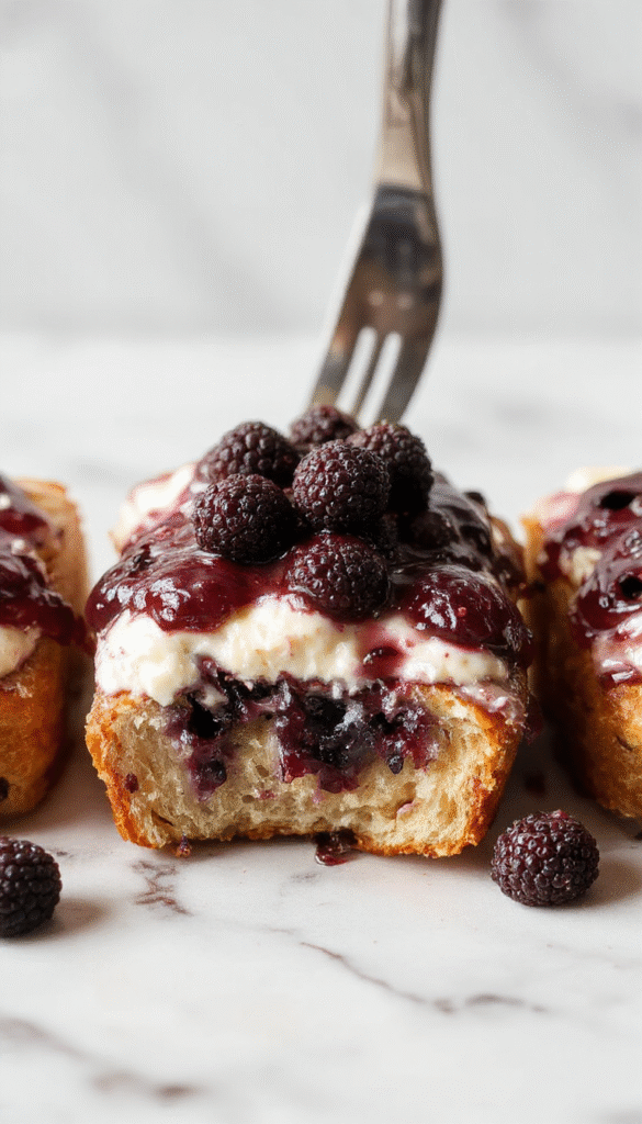 A close-up shot of a freshly baked blueberry cream cheese bread slice topped with a swirl of cream cheese filling and abundant blueberries, golden crust with a soft interior, presented on a rustic wooden platter with fresh blueberries scattered around