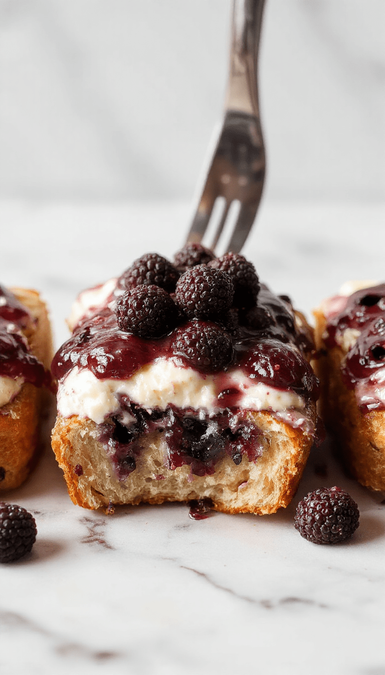 A close-up shot of a freshly baked blueberry cream cheese bread slice topped with a swirl of cream cheese filling and abundant blueberries, golden crust with a soft interior, presented on a rustic wooden platter with fresh blueberries scattered around