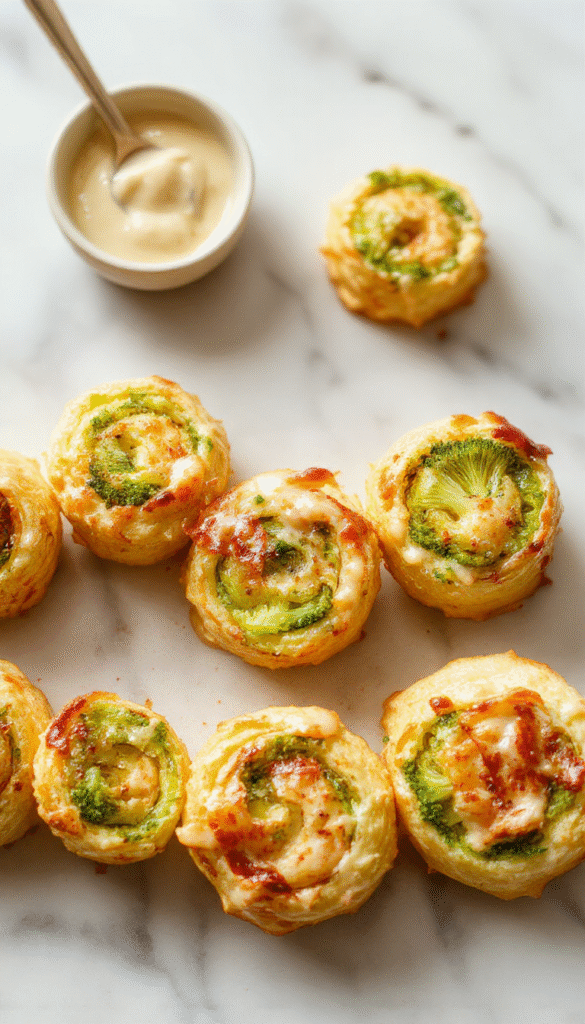 Colorful broccoli and melted cheese rolled into golden puff pastry pinwheels on a rustic wooden board, garnished with fresh herbs, styled with a playful toddler-themed table setting featuring vibrant plates and utensils.