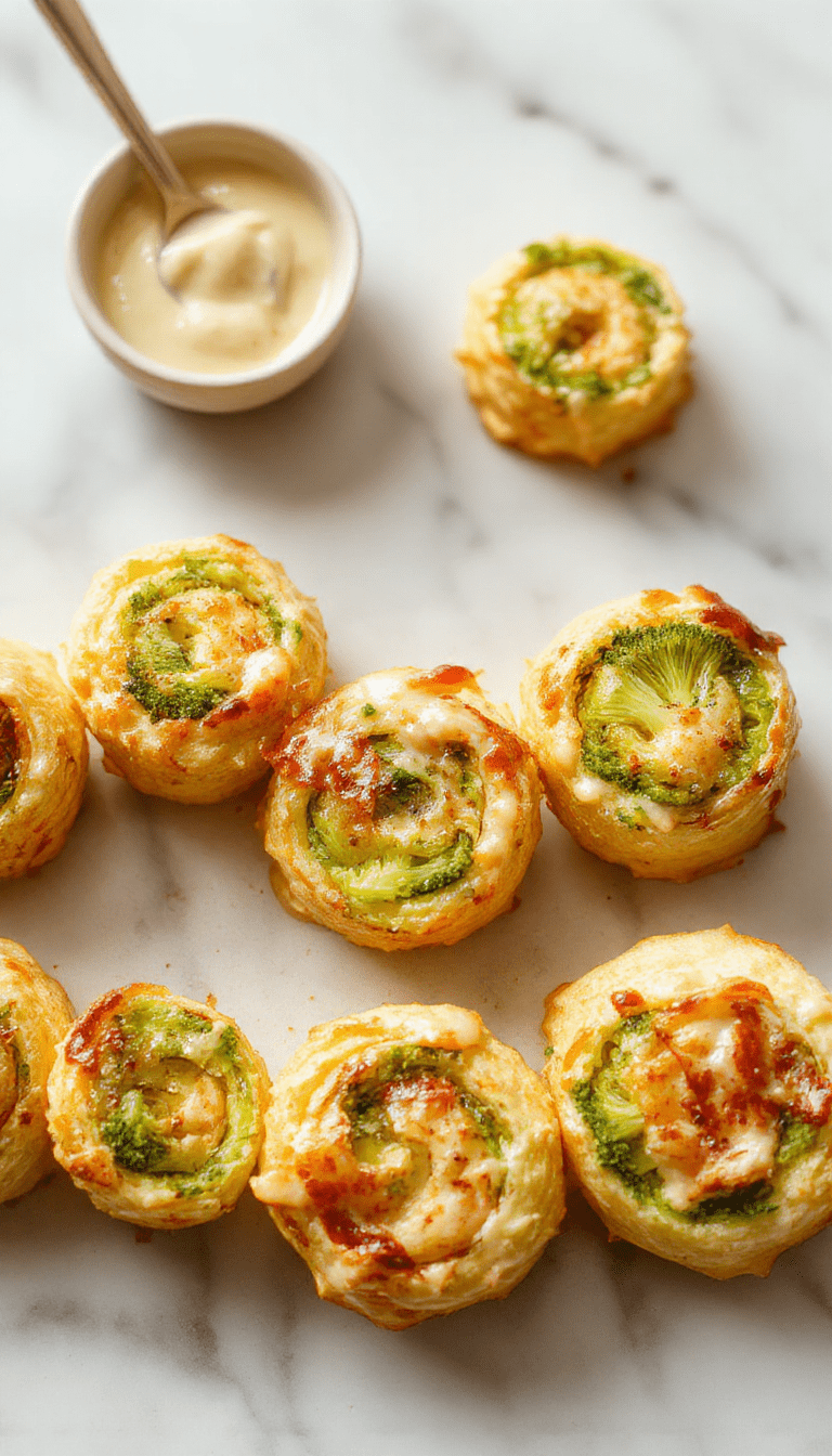 Colorful broccoli and melted cheese rolled into golden puff pastry pinwheels on a rustic wooden board, garnished with fresh herbs, styled with a playful toddler-themed table setting featuring vibrant plates and utensils.