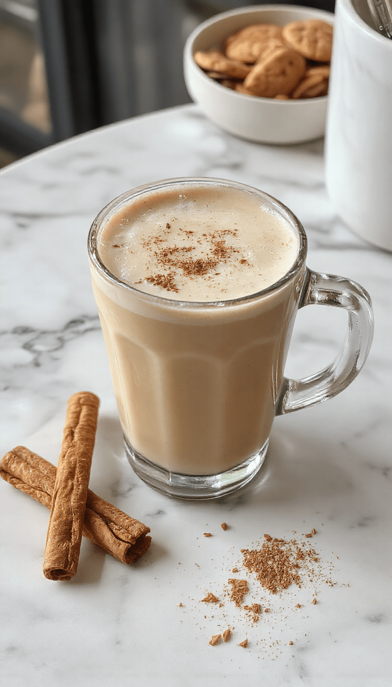 A close-up of a creamy vanilla cinnamon latte in a clear glass mug, topped with frothy milk, swirling cinnamon, and a sprinkle of vanilla beans, set on a rustic wooden table with warm ambient lighting.