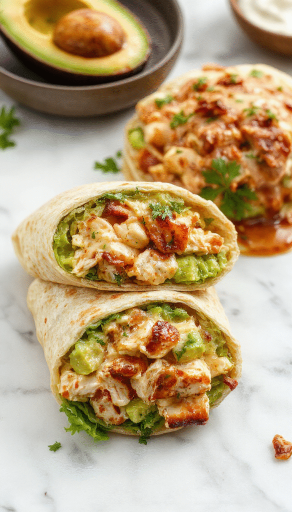 Colorful chicken avocado wraps arranged on a wooden platter with fresh greens and cherry tomatoes in the background, showcasing creamy textures and vibrant ingredients, garnished with herbs for a fresh presentation.