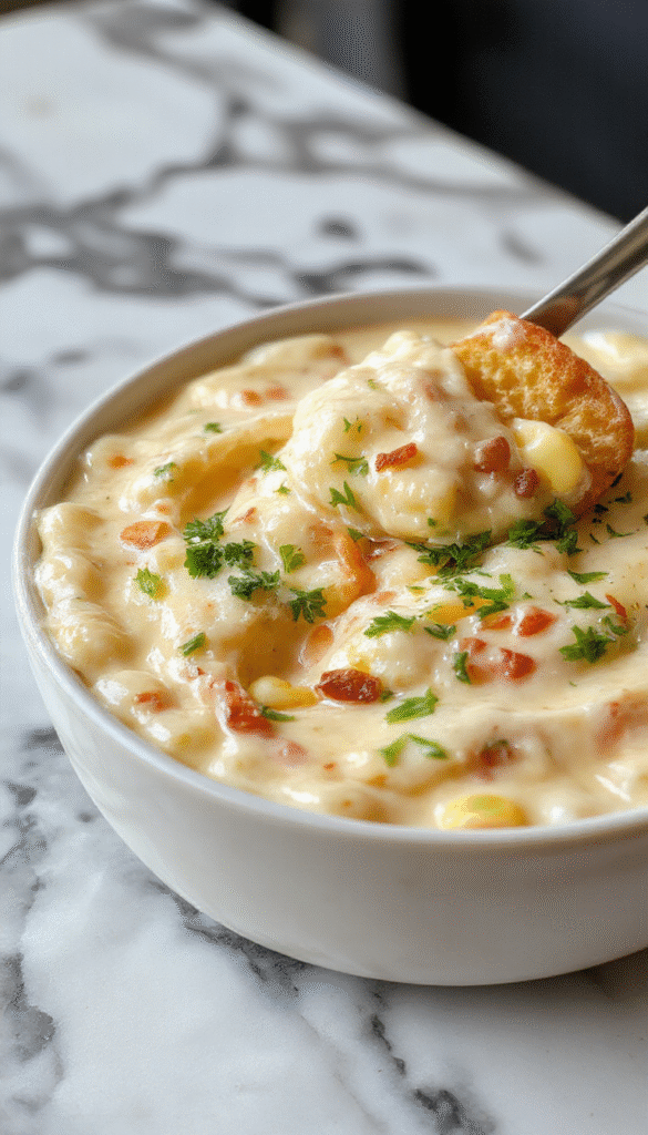 A vibrant bowl of creamy crack corn dip garnished with chopped green onions and shredded cheese, surrounded by crispy tortilla chips on a rustic wooden table, with a background of colorful vegetables and a freshly sliced lime.