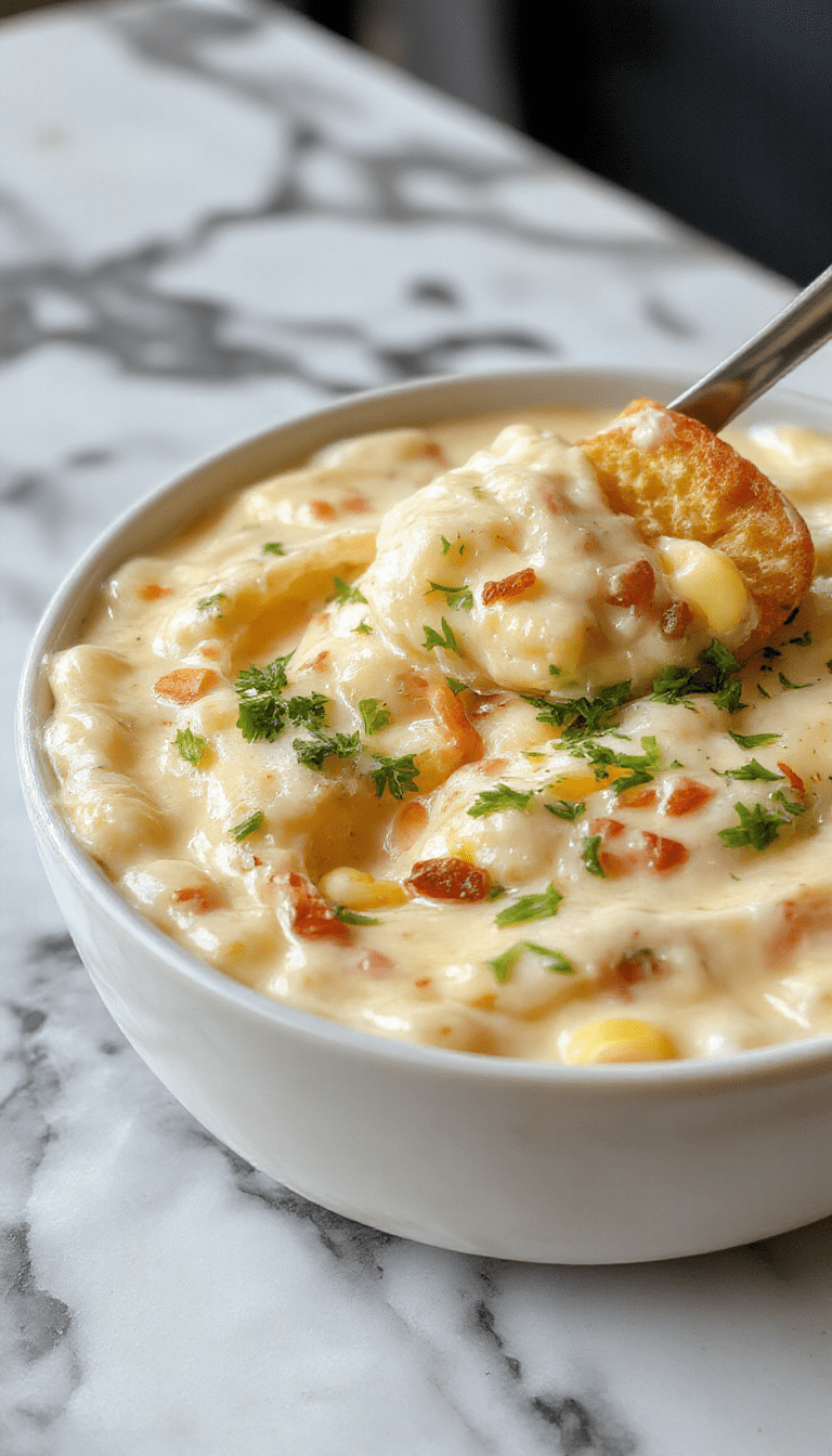 A vibrant bowl of creamy crack corn dip garnished with chopped green onions and shredded cheese, surrounded by crispy tortilla chips on a rustic wooden table, with a background of colorful vegetables and a freshly sliced lime.