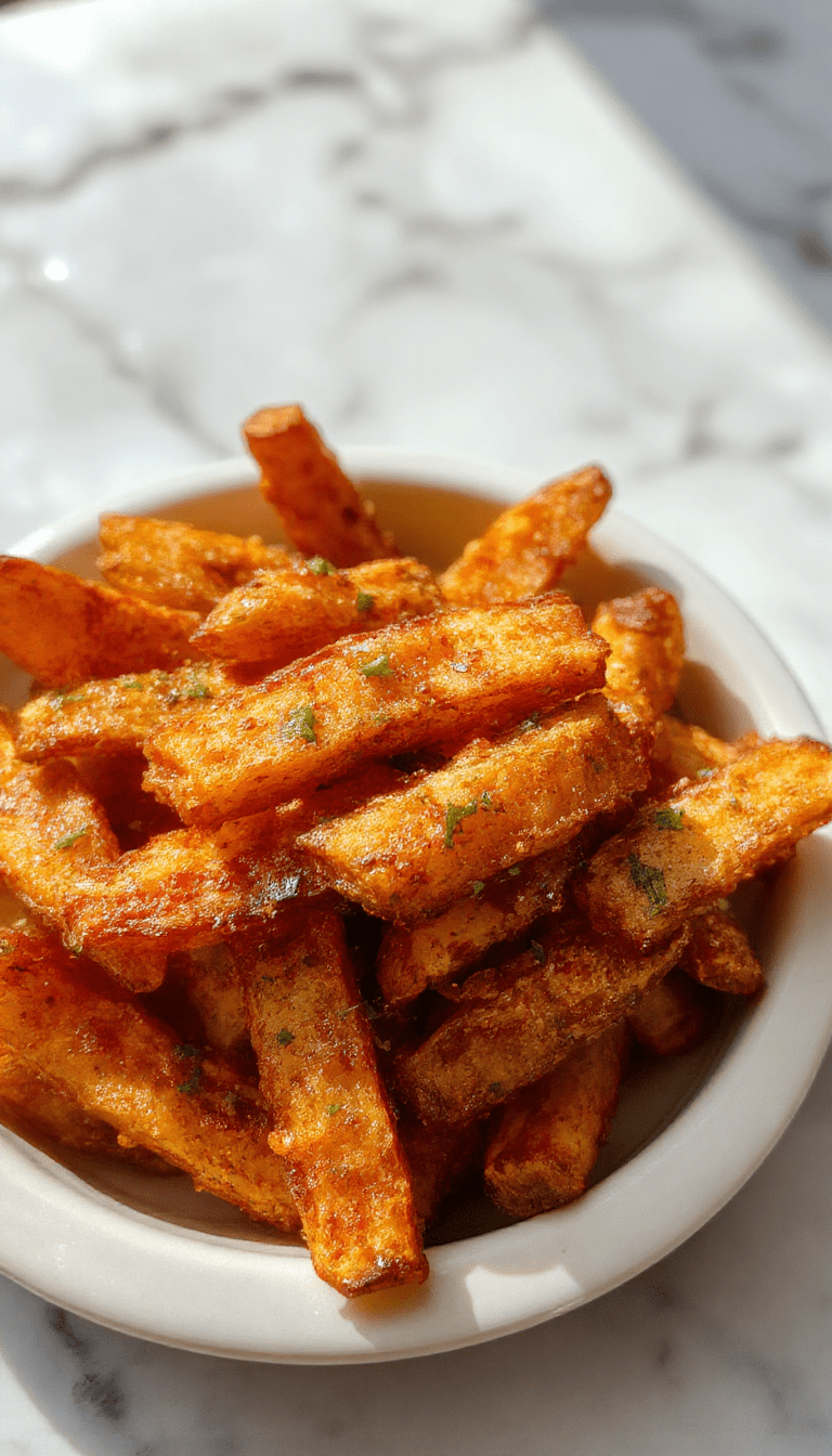 Golden crispy sweet potato fries arranged on a white plate with a sprinkle of green herbs, showing their crunchy texture and vibrant orange color, served with a dip on a rustic wooden table.
