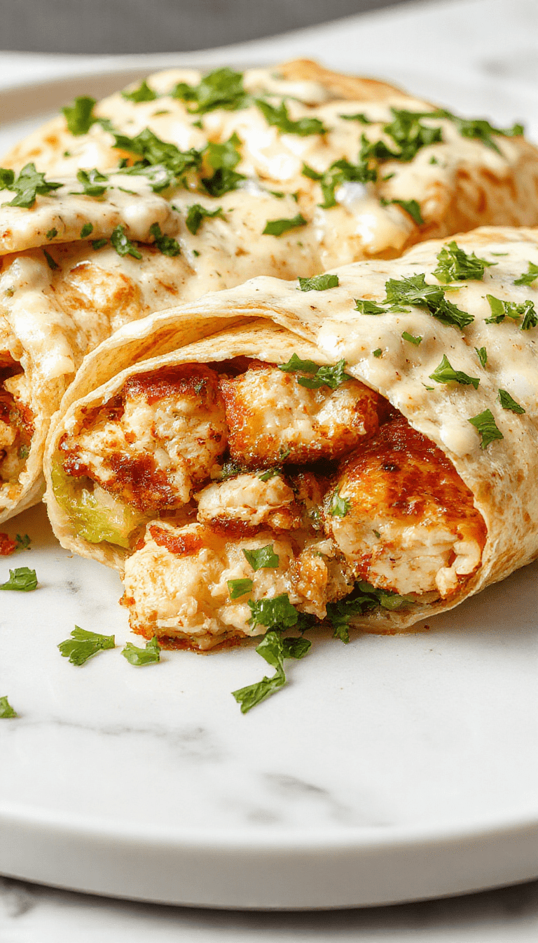 A vibrant image showcasing a plated chicken caesar wrap sliced open to reveal tender chicken pieces, crisp romaine lettuce, rich caesar dressing, and grated parmesan cheese wrapped in a golden-brown toasted tortilla, styled with fresh herbs and a side of cherry tomatoes.