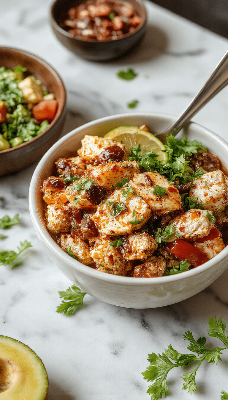 Colorful chicken fajita burrito bowl featuring grilled chicken strips, red and green bell peppers, caramelized onions, topped with fresh cilantro and shredded cheese, served in a vibrant bowl on a rustic wooden table with lime wedges and avocado slices, showcasing a spicy, savory, and visually appealing presentation.
