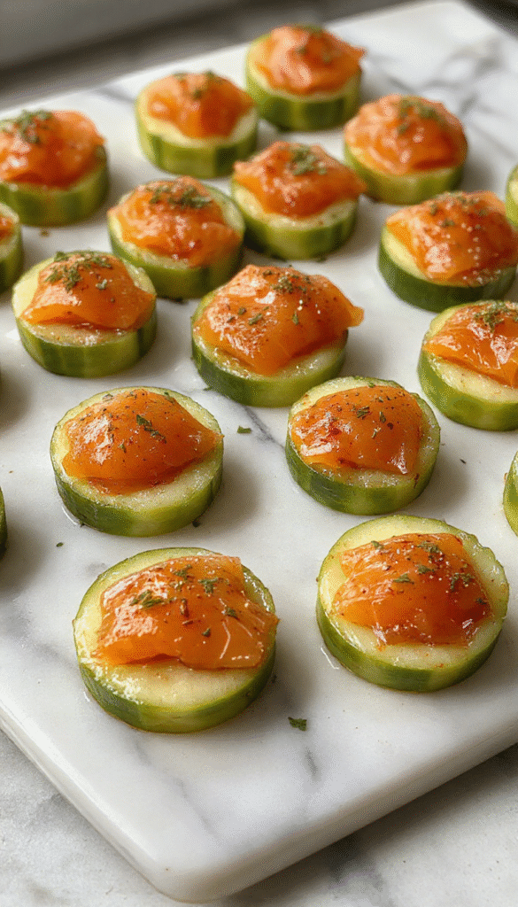 Colorful cucumber slices topped with vibrant pink smoked salmon, garnished with fresh dill and lemon zest, arranged neatly on a white platter under bright natural lighting with a blurred background hinting at a sophisticated dining setting.