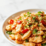 A vibrant plate of chicken chow mein featuring golden-brown stir-fried noodles mixed with tender chicken strips, colorful bell peppers, and crunchy vegetables, garnished with green scallions, all presented on a rustic wooden table with a glossy sauce coating the ingredients.