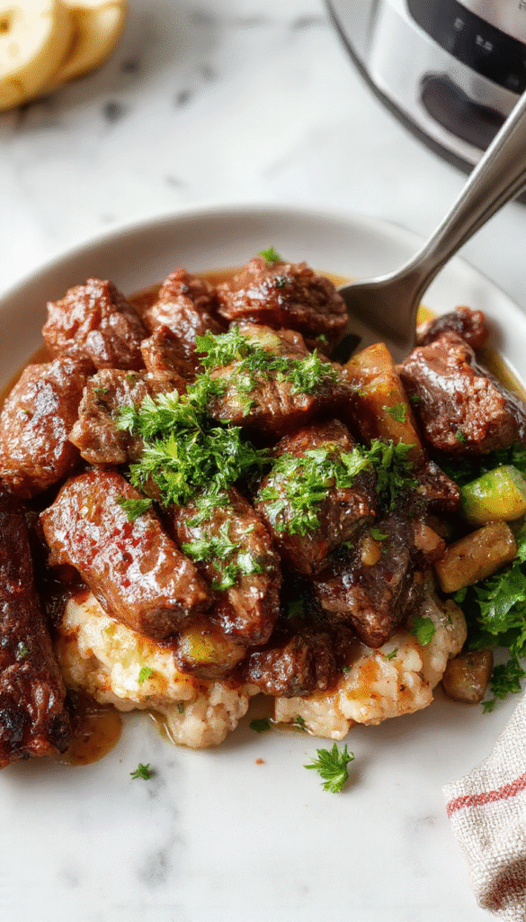 A vibrant plate of pepper steak with tender beef slices, colorful bell peppers, and onions glazed with a glossy sauce, garnished with green herbs, served on a rustic wooden table.
