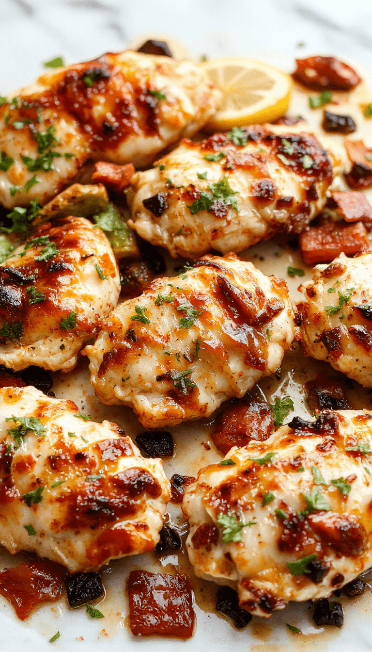 Colorful sheet pan chicken fajitas arranged on a white ceramic plate, featuring grilled chicken strips, vibrant sautéed bell peppers and onions, topped with fresh cilantro and lime wedges, with a rustic wooden background and a side of warm tortillas.