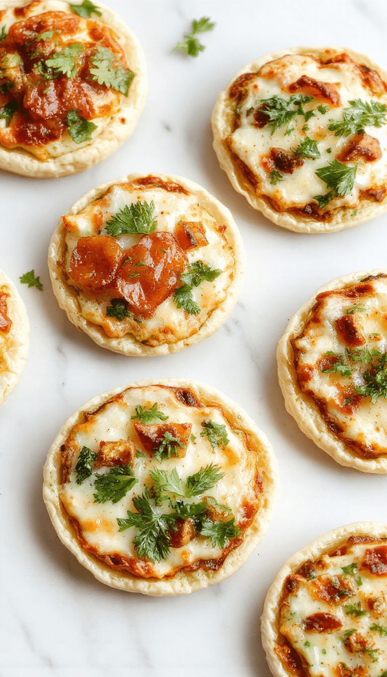 Colorful assortment of pita pizzas topped with melted cheese, fresh vegetables, herbs, and sauces arranged neatly on a rustic wooden platter. The vibrant toppings include red tomatoes, green peppers, and basil leaves, with golden-brown crusts and bubbly cheese creating an inviting, mouth-watering scene.