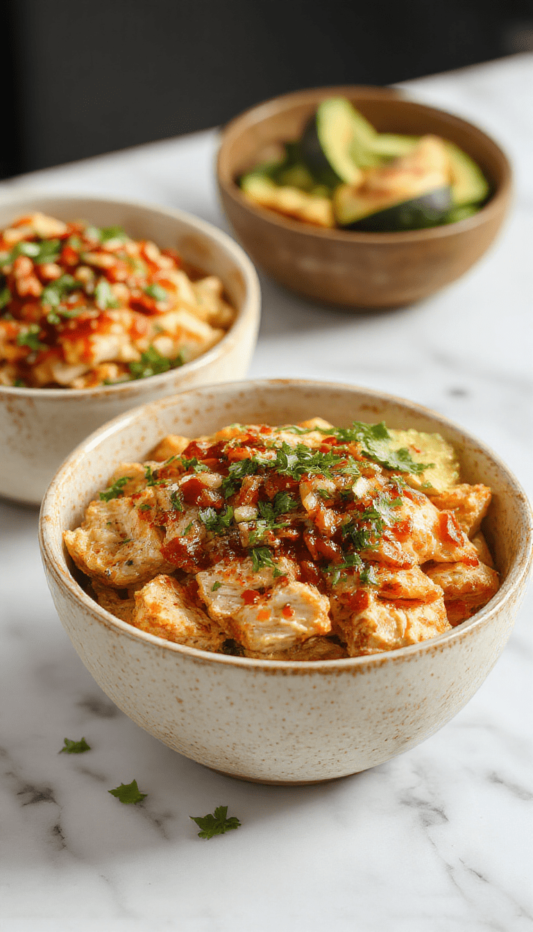 Colorful Southwest Chicken Burrito Bowl featuring shredded grilled chicken, bright red cherry tomatoes, vibrant green cilantro, creamy avocado slices, and fluffy white rice all arranged in a rustic white bowl garnished with fresh lime wedges and sprinkled with shredded cheese, styled with a sunny outdoor background.