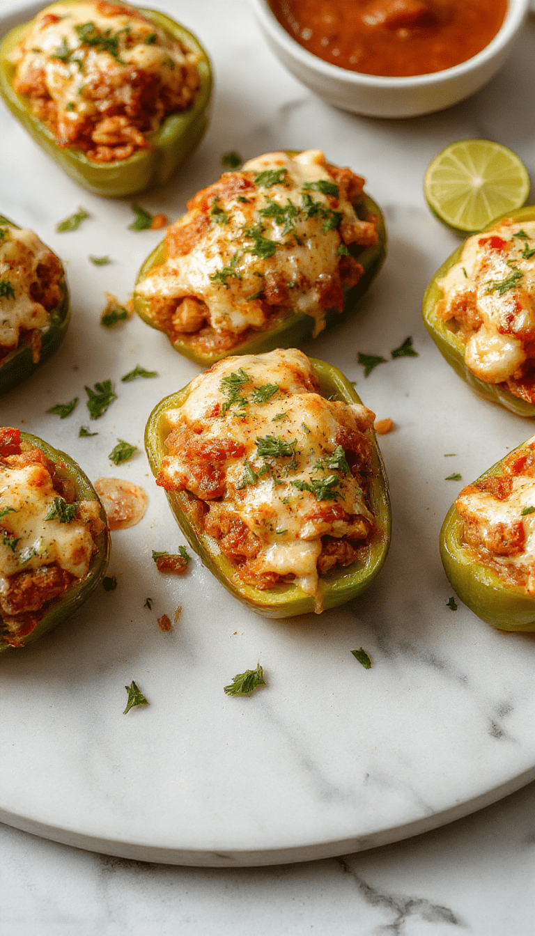 Colorful bell peppers filled with seasoned taco meat and melted cheese, arranged on a white plate garnished with fresh cilantro, vibrant red, yellow, and green peppers contrasted against a rustic wooden background, showcasing a crispy top and juicy interior.