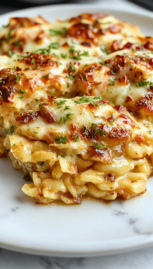 A vibrant baked casserole topped with melted cheese and caramelized onions, served in a rustic dish. The golden-brown crust showcases crispy edges with gooey cheese, garnished with fresh herbs. The dish is placed on a wooden table with a side of green salad, highlighting warm tones of the casserole and fresh ingredients.