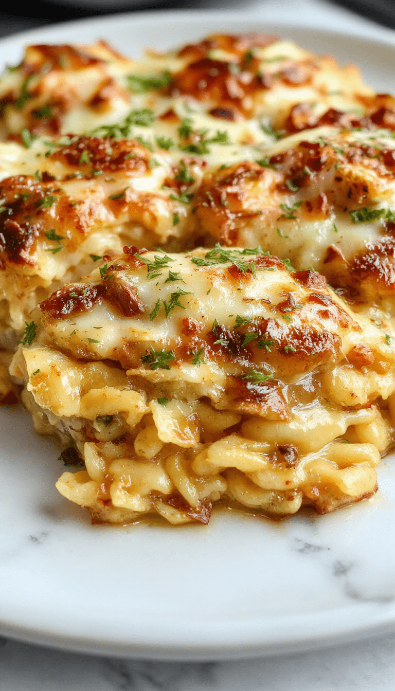 A vibrant baked casserole topped with melted cheese and caramelized onions, served in a rustic dish. The golden-brown crust showcases crispy edges with gooey cheese, garnished with fresh herbs. The dish is placed on a wooden table with a side of green salad, highlighting warm tones of the casserole and fresh ingredients.