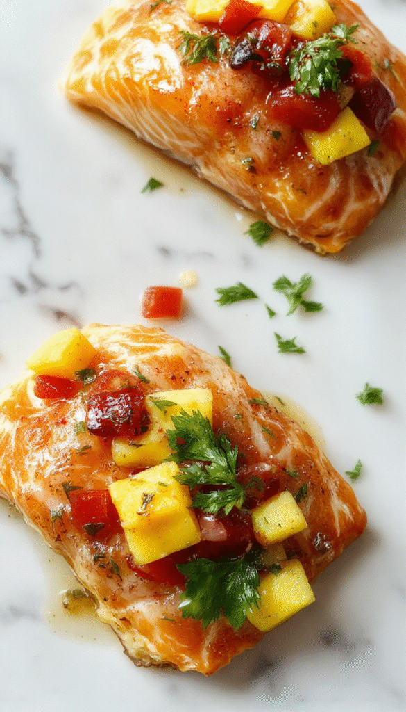 Vibrant plated salmon fillet topped with colorful chopped mango salsa, garnished with fresh cilantro on a white plate with lime wedges, bright natural lighting highlighting the glossy salmon and juicy mango pieces, surrounded by tropical accents and a rustic wooden table
