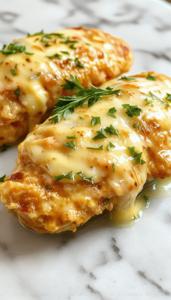 A close-up of a golden-brown garlic butter chicken breast on a white plate, garnished with fresh parsley. The chicken has a glossy, buttery glaze with crispy edges and a sprinkle of minced garlic and herbs. The background features a rustic wooden table with lemon wedges and sprigs of thyme, emphasizing the savory and vibrant presentation.