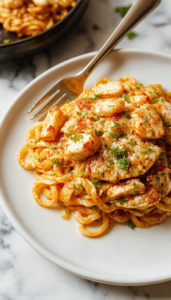Vibrant close-up of sticky garlic chicken noodles plated on a rustic wooden table. The noodles glisten with sauce, topped with crispy garlic slices, green onions, and tender chicken pieces. The dish has a glossy, caramelized appearance with a perfect balance of textures and colors, styled with fresh herbs for a tempting presentation.