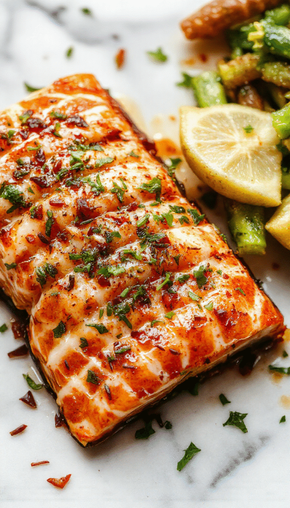 Colorful plated air fryer salmon fillet with crispy golden skin, garnished with lemon slices and fresh herbs on a white ceramic plate with a rustic wooden background.