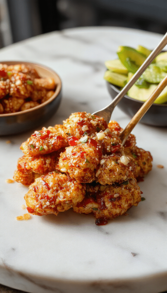 Vivid image of golden-brown sesame chicken pieces coated in a glossy sesame glaze, garnished with toasted sesame seeds and chopped scallions on a white plate, with a colorful vegetable medley and chopsticks in the background, styled for a clean, appetizing presentation.