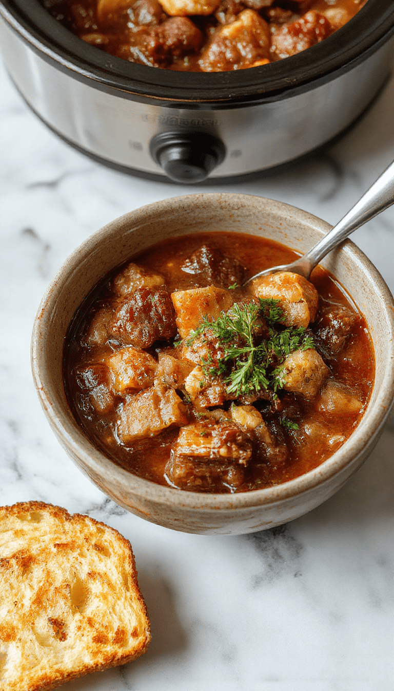 A rustic bowl of hearty poor man's stew with tender beef, potatoes, carrots, and peas served in a white ceramic bowl, garnished with fresh herbs on a wooden table with a cozy kitchen background.